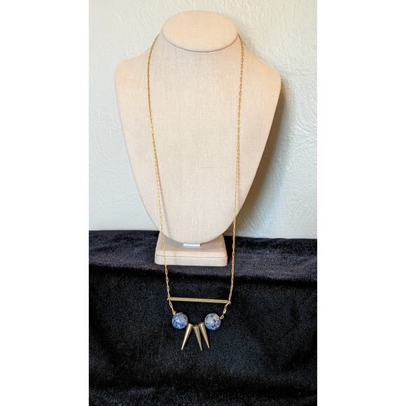 Gold Tone Paperclip Chain Bar Three Cone Two Sodalite Stone Bead Necklace - Picture 4 of 4